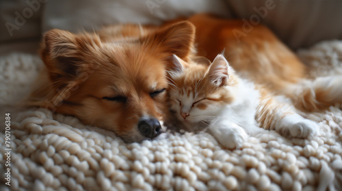 a ginger-colored cat and a tan and white dog, cuddling together, lying on a blanket