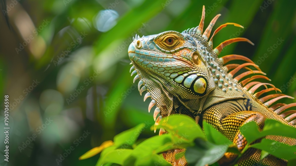 Fototapeta premium Iguana in nature with leafy backdrop