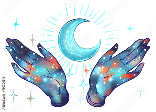 Open hand with the all-seeing eye on the palm. Occult design vector illustration. Dotwork ink tattoo flash design. Vector illustration isolated on white. Astrology, Sacred Spirit. Masonic sign.