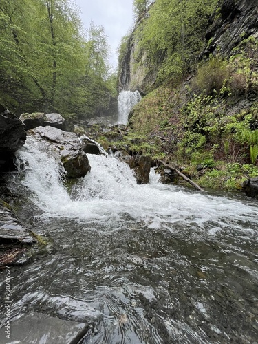 Lyazhginsky waterfall in the spring forest. Cascading waterfall drowning in greenery. Splashes of water. The water flows of the river Lyazhgi. Ingushetia  Caucasus Mountains  Russia