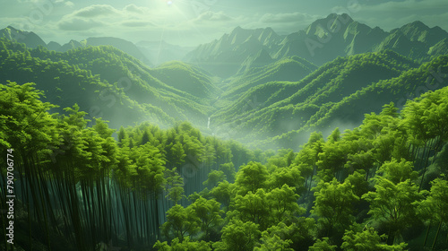 A serene landscape unfolds with bamboo forests, towering mountains, winding rivers, and radiant sunshine. The beauty of nature is captured in this scene, where particles dance in the air, enhancing 