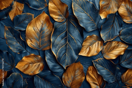 Luxury abstract artistic background. Golden and dark blue leaves. Textured background. Flowers and leaves  plants  wallpapers  posters  cards  hanging decorations  prints. High quality photo