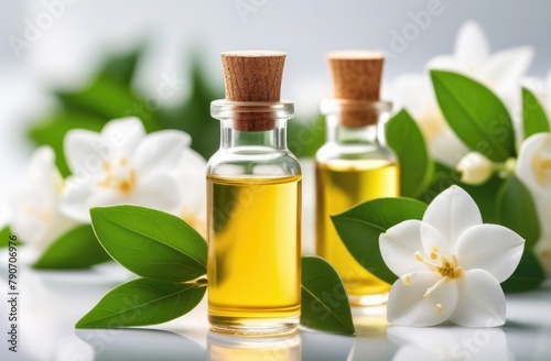 Essential aromatic oil with jasmine on white background jasmine flowers beauty industry