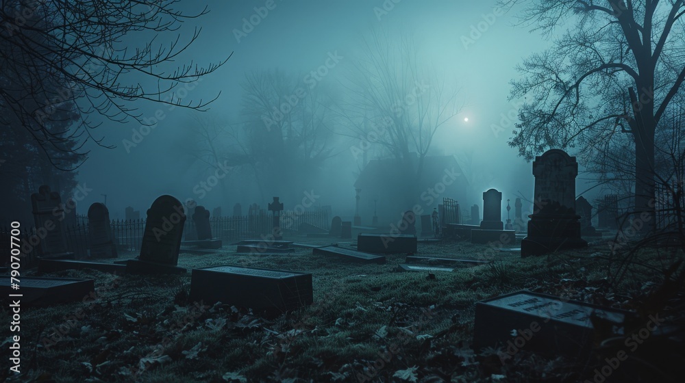 A misty cemetery at night, a faint apparition visible among the tombstones - obrazy, fototapety, plakaty 