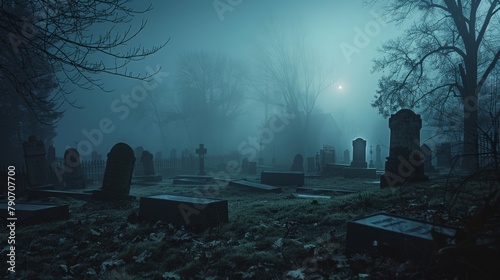 A misty cemetery at night, a faint apparition visible among the tombstones © Sasint