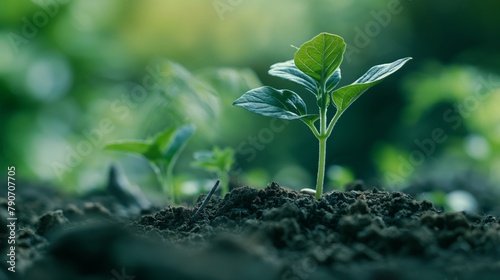 Vibrant Green Seedling Emerging from Rich Soil, Emphasizing Organic Growth and Sustainability photo