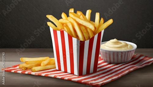 Gourmet French Fries: Crispy Potato Delights in Red-White Striped Carton Box delicious fries black background