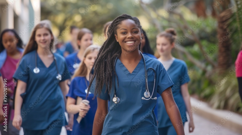 Obraz premium A group of young women wearing blue scrubs
