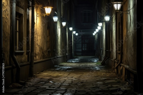 Dark alley with flickering street lamps.