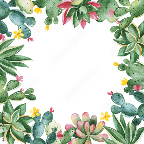 Watercolor cute frame border with succulents,cactus,flowers and branches. Tropical collection.Perfect for your project, wedding, invitations,greeting, prints,textile etc