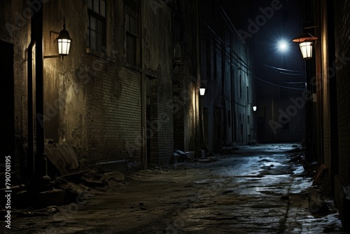 Dark alley with flickering street lamps. photo