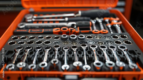An organized set of professional tools displayed in a compact orange toolbox, ideal for mechanical work. photo