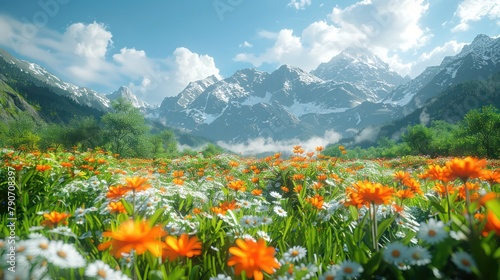 A beautiful field of flowers with mountains in the background.