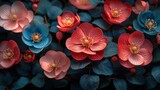 A bouquet of flowers with blue, pink, and red petals