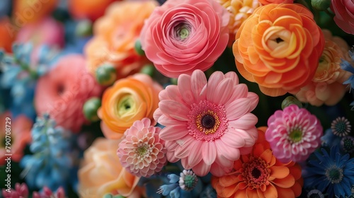 A bouquet of flowers with a variety of colors including pink, orange, and blue