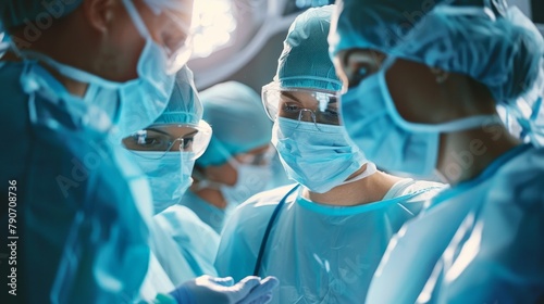 A group of surgeons are working together in a hospital operating room