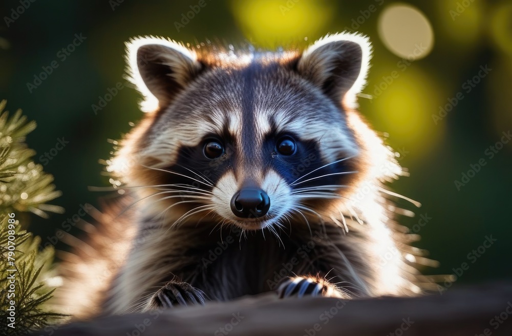 Cute raccoon in the morning forest,raccoon toddler looking in frame,wild animal forest walk