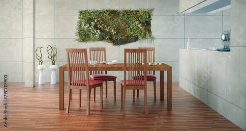 Contemporary designed dining room with indoor vertical garden - 3D Visualization