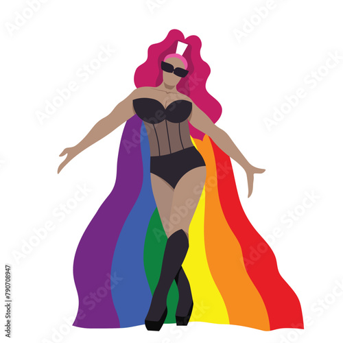 A confident transgender drag queen in black modern outfit and rainbow cape for LGBTQ+ concept and for equality and diversity supporting. Vector illustration flat charactor on white background