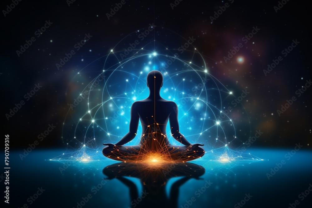 isolated illustration of yoga lotus pose icon shaped with blue neural connection, Generative