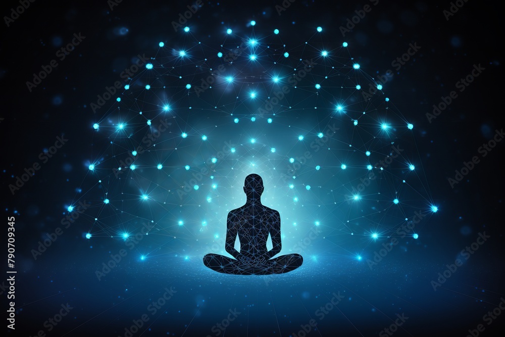 isolated illustration of yoga lotus pose icon shaped with blue neural connection, Generative