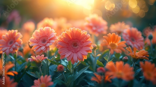 A field of pink and orange flowers with the sun shining on them © bird_saranyoo