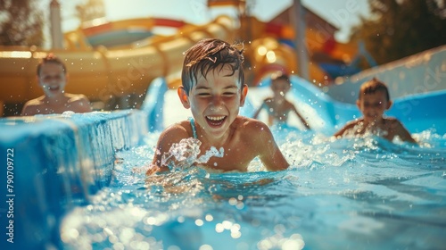 A group of children are playing in a pool, with one boy smiling
