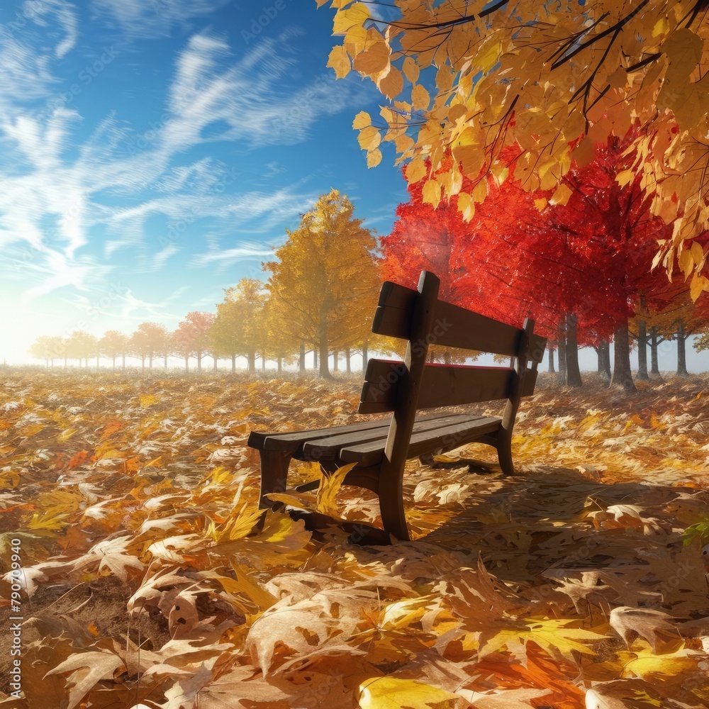 Autumn landscape with bench and trees