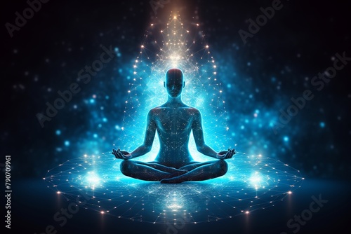 isolated illustration of yoga lotus pose icon shaped with blue neural connection, Generative