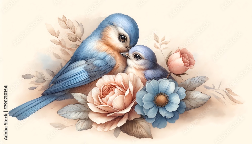 Obraz premium Watercolor illustration of two Bluebirds and flowers in mother day concept