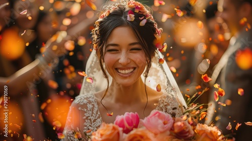 A bride is smiling and holding a bouquet of flowers.