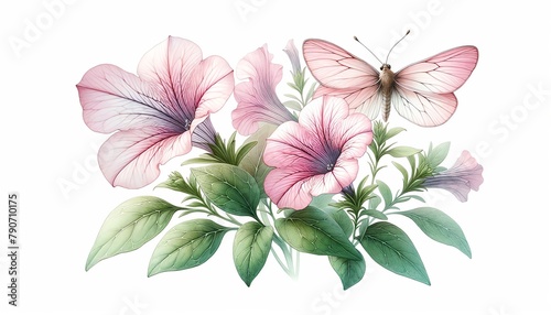 Watercolor illustration of Petunia flowers and a butterfly