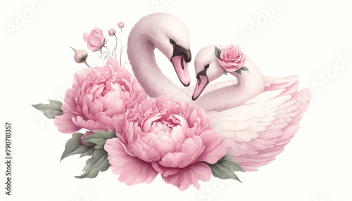 Fototapeta Naklejka Na Ścianę i Meble -  Watercolor illustration of two swans and flowers