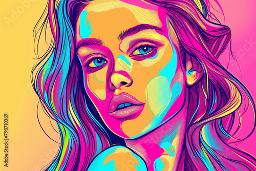 Portrait of girl pop art. Vibrant portrait of woman with purple hair on pink and yellow backdrop. Generative AI