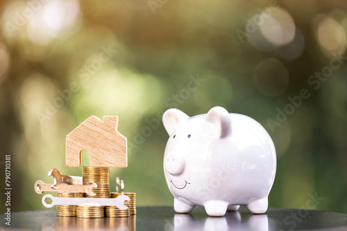 Home model and construction tools with repairing put on the stack gold coin and piggy bank put on the wood in the public park, Saving money and loan for renovation to real estate and house concept.