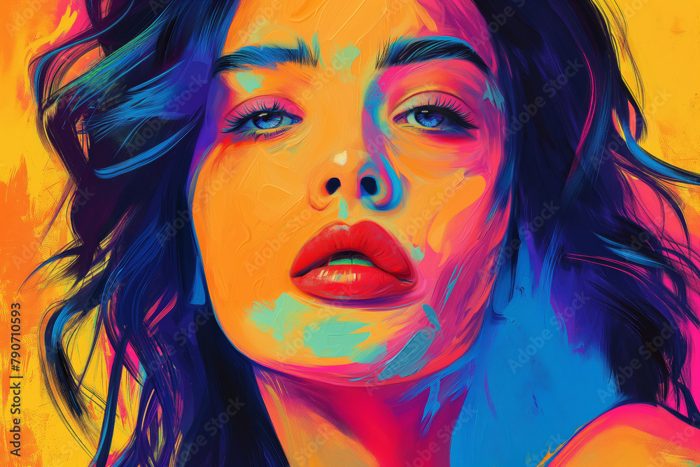 Portrait of girl pop art. a close up of a woman s face in a colorful painting. Generative AI