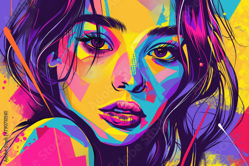 Portrait of girl pop art. A vibrant painting of a womans face on a colorful background. Generative AI