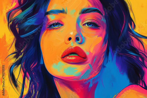 Portrait of girl pop art. a close up of a woman s face in a colorful painting. Generative AI