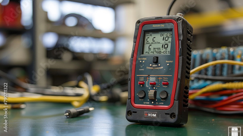 A professional digital multimeter displayed prominently on a cluttered technical workshop bench. photo