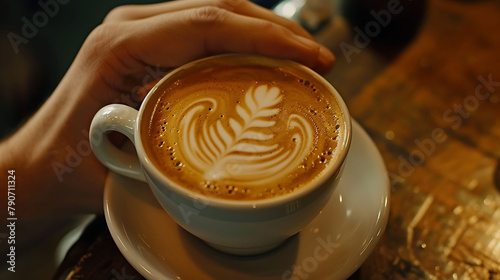 a barista serves cappuccinos with beautiful lattes photo