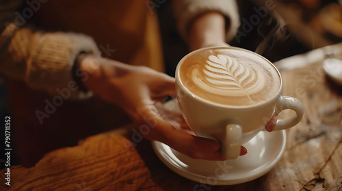 a barista serves cappuccinos with beautiful lattes