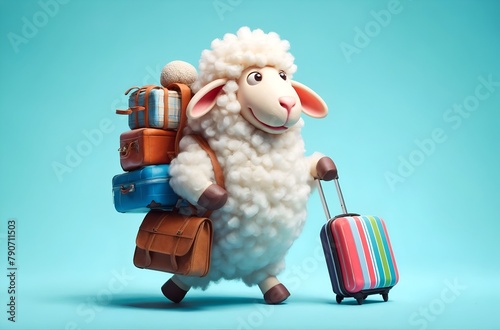 a whimsical sheep character as a traveler, pulling a suitcase photo