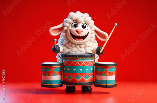 a sheep character holding a drum, looking joyous and thoroughly enjoying playing music photo