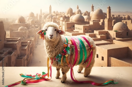 A sheep decorated with colorful ribbons photo