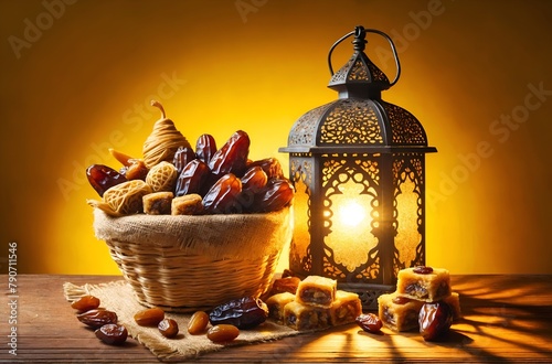 an illuminated lantern next to a basket filled with dates and Arabic sweets