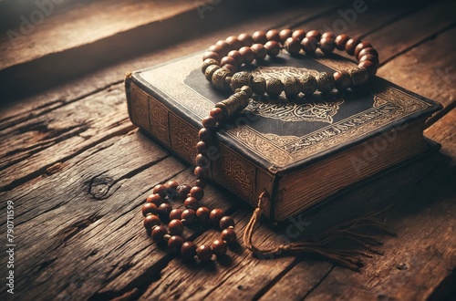 an ancient rosary resting on a Quran, both placed on an old wooden desk. photo