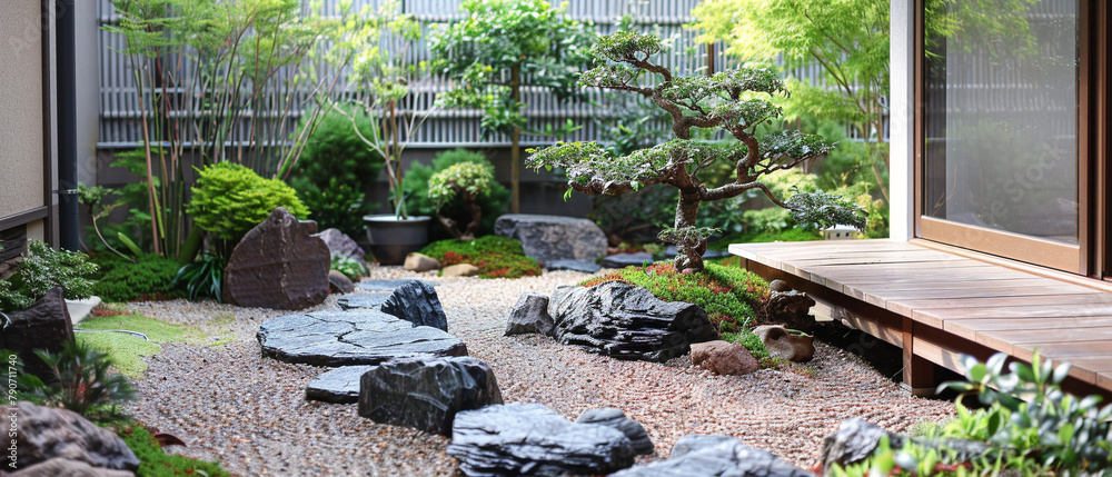 A tranquil zen garden adorned with meticulously placed stones and a lone bonsai tree.