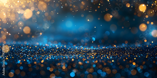 Luxurious blue backdrop gold glitter bokeh sparkles perfect for celebration themes like Christmas New Year and birthdays essence of party elegance,  particle Christmas Golden light on blue background  photo