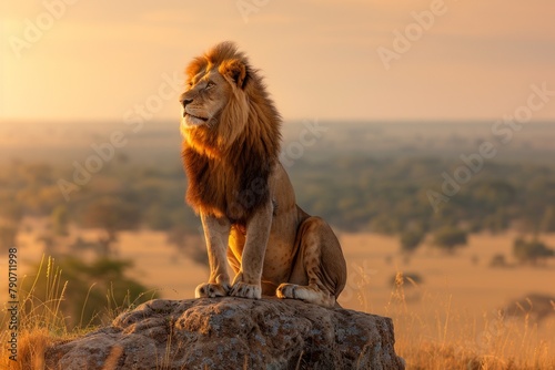 Majestic lion sitting on a rock during a golden sunset in the savannah. photo