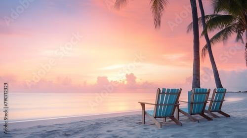 Tranquil Sunset on a Tropical Beach with Palm Trees and Lounge Chairs